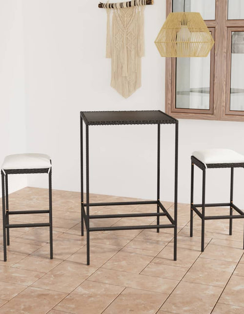 Încărcați imaginea în vizualizatorul Galerie, Set mobilier bar de grădină cu perne, 3 piese, negru, poliratan - Lando
