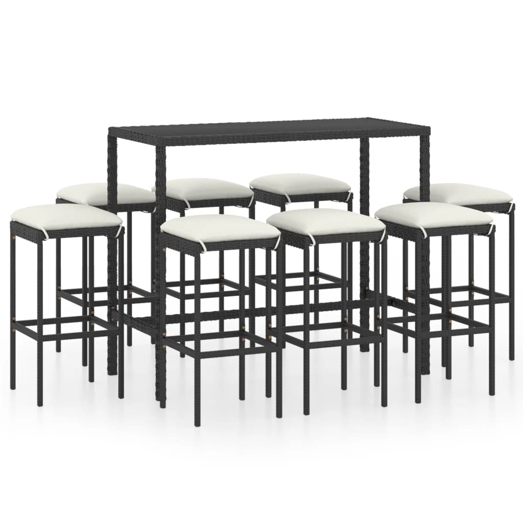 Set mobilier bar de grădină cu perne, 9 piese, negru, poliratan - Lando