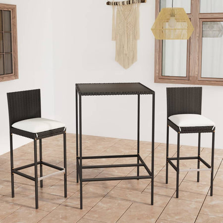 Set mobilier bar de grădină cu perne, 3 piese, negru, poliratan - Lando