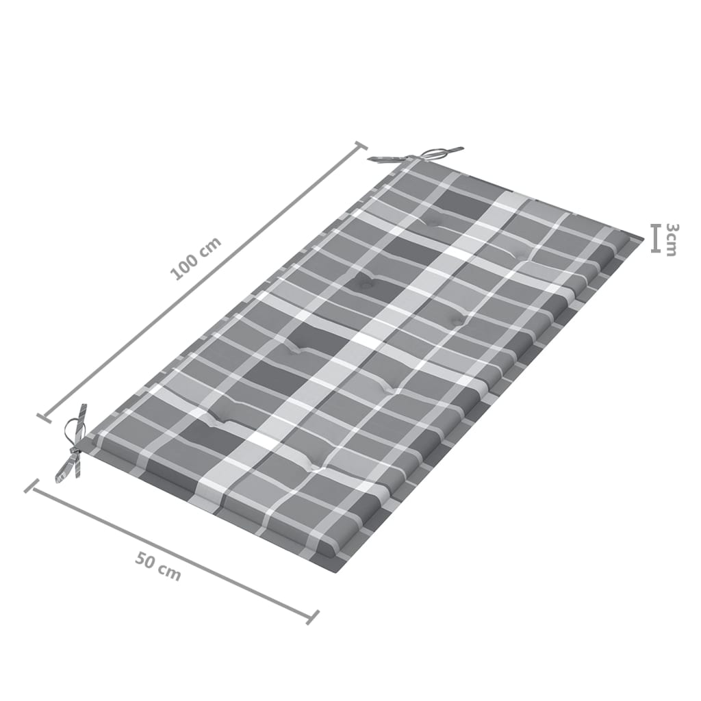 Bancă de grădină, pernă gri carouri, 112 cm, lemn masiv tec - Lando