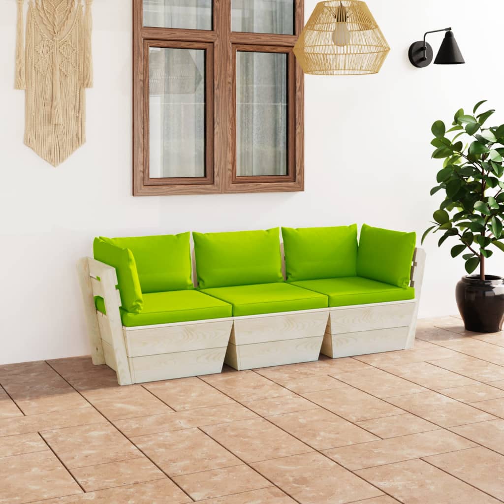 Canapea de grădină din paleți, 3 locuri, cu perne, lemn molid - Lando