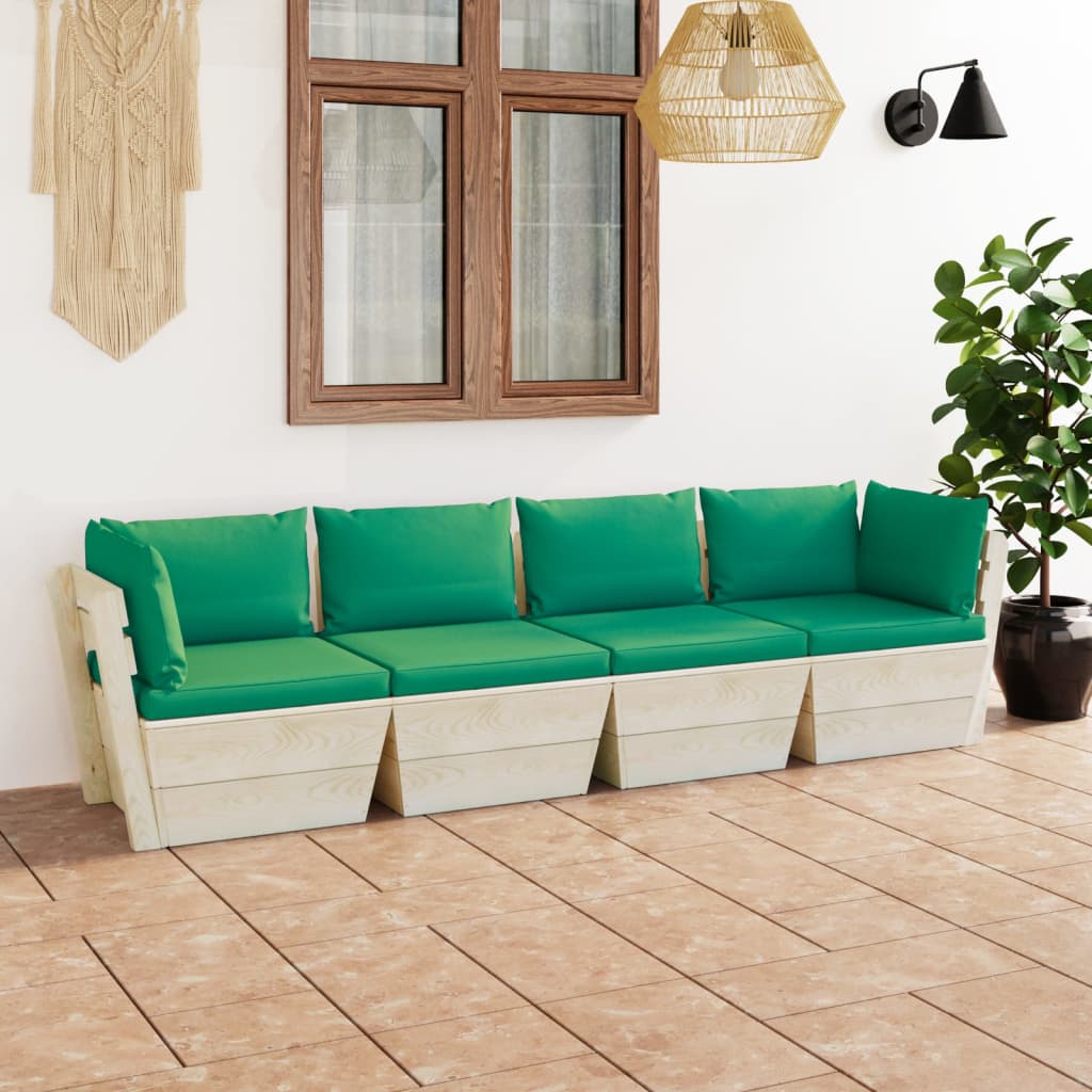 Canapea grădină 4 locuri din paleți, cu perne, lemn de molid - Lando