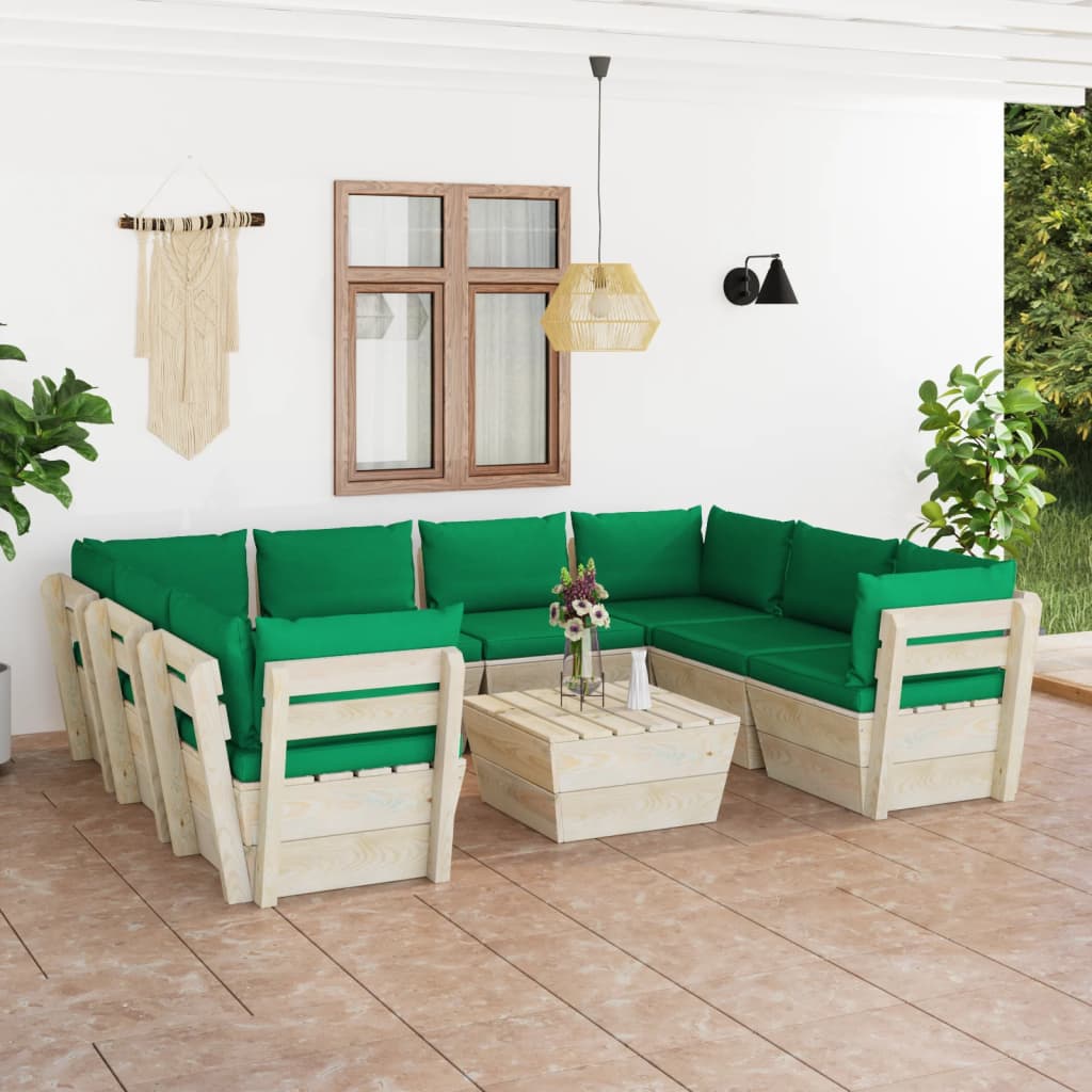 Set mobilier grădină paleți, 9 piese, cu perne, lemn de molid - Lando