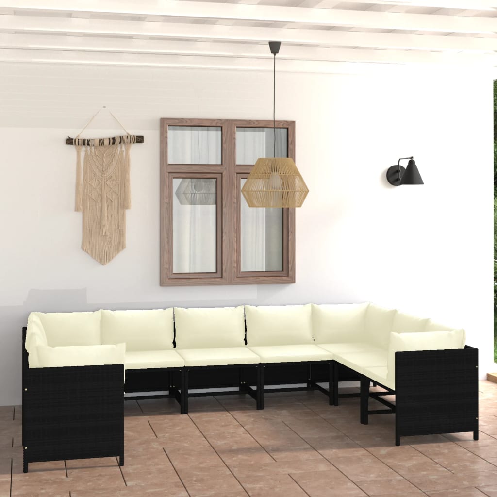 Set mobilier de grădină cu perne, 9 piese, negru, poliratan - Lando