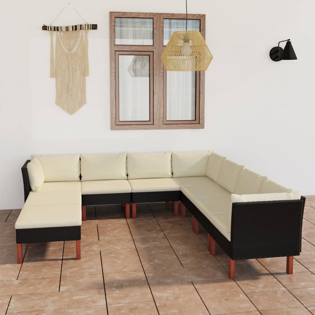 Set mobilier de grădină cu perne, 9 piese, negru, poliratan - Lando