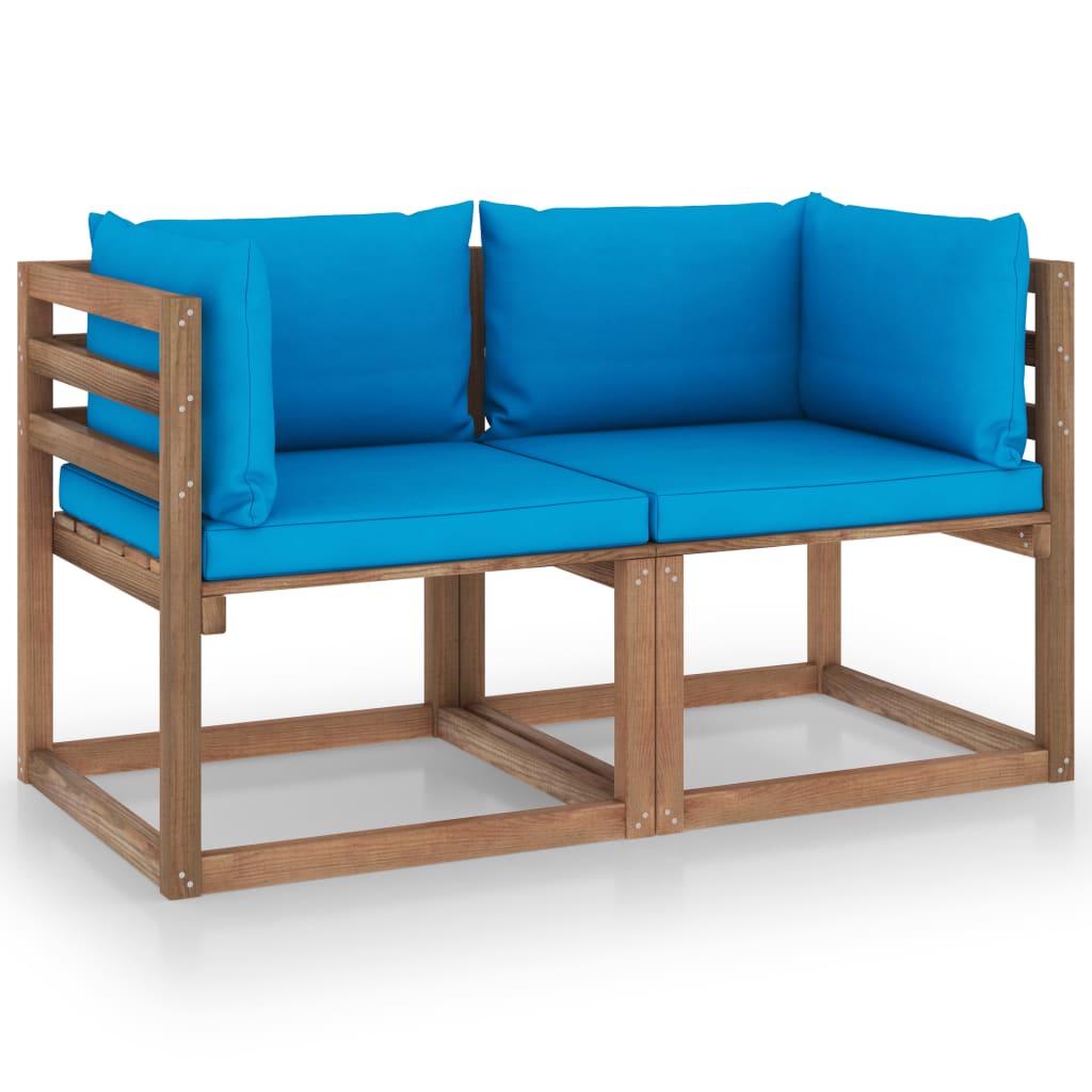Canapea din paleți de grădină, 2 locuri, perne bleu, lemn pin - Lando