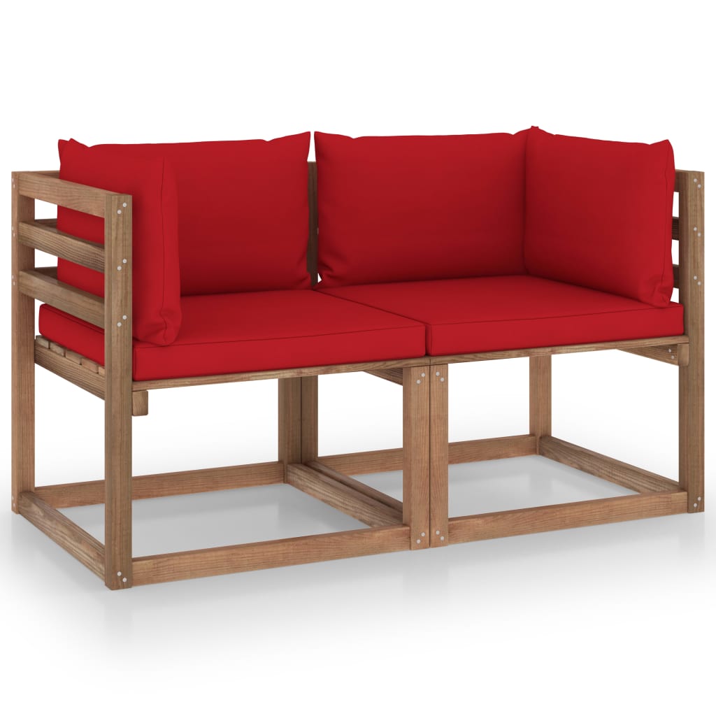 Canapea din paleți de grădină, 2 locuri, perne roșii, lemn pin - Lando