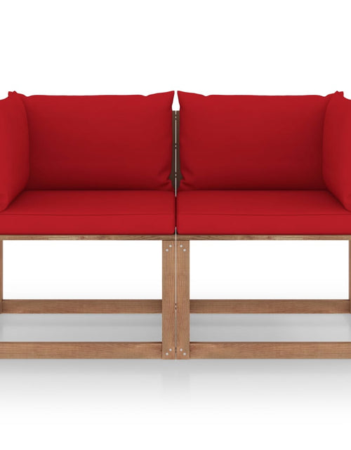 Încărcați imaginea în vizualizatorul Galerie, Canapea din paleți de grădină, 2 locuri, perne roșii, lemn pin - Lando
