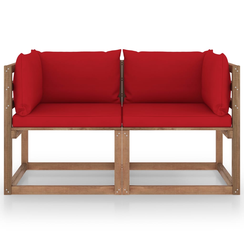 Canapea din paleți de grădină, 2 locuri, perne roșii, lemn pin - Lando