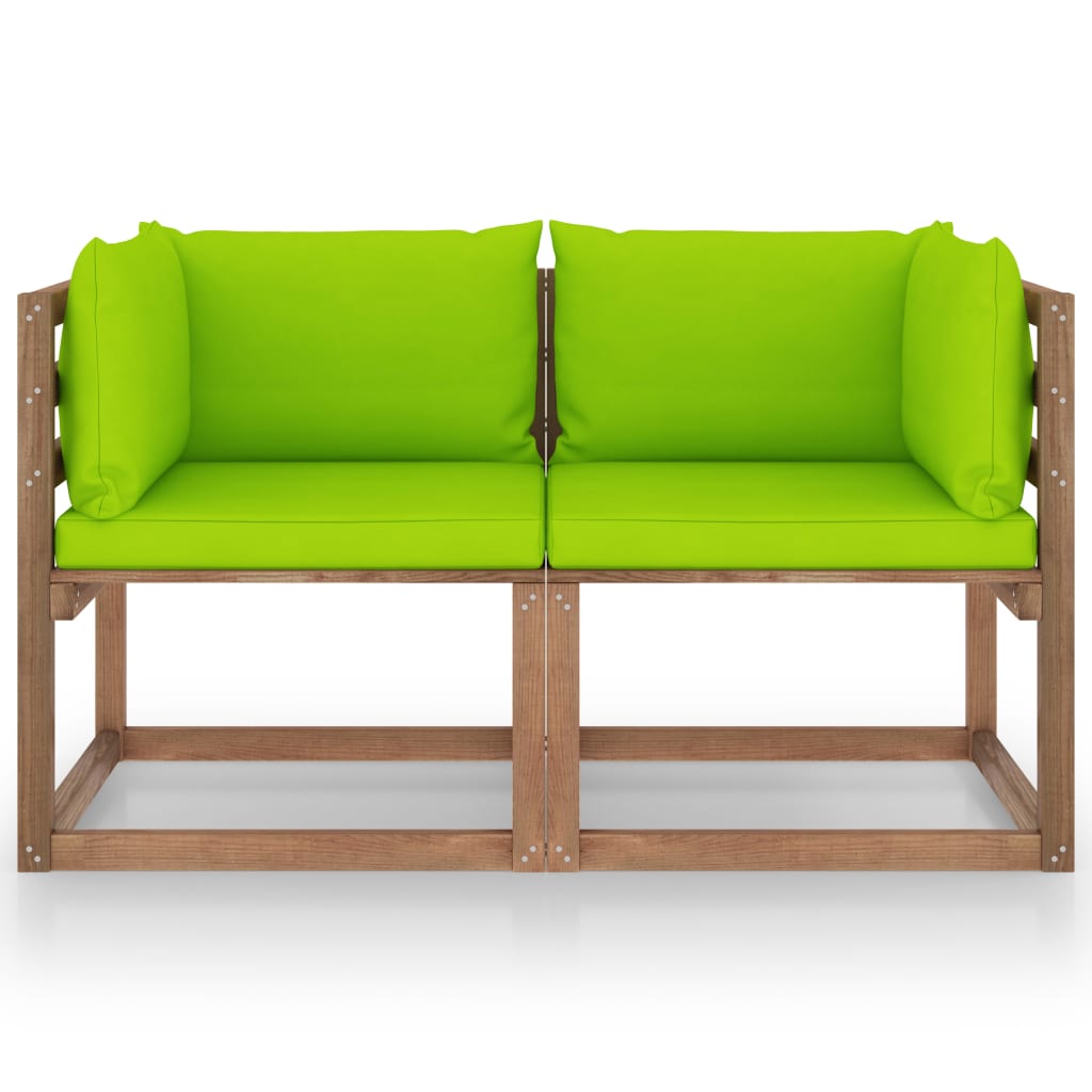 Canapea din paleți de grădină, 2 locuri, perne verzi, lemn pin - Lando