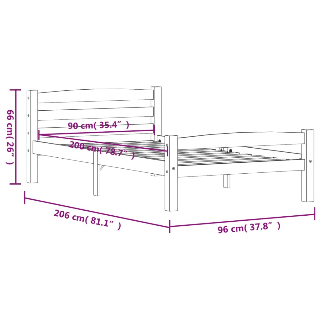 Lando-Cadru de pat, gri închis, 90x200 cm, lemn masiv de pin- mobila
