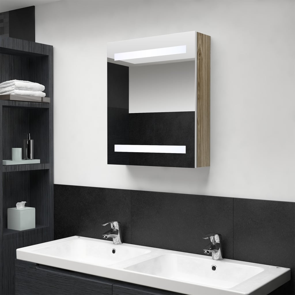 Dulap de baie cu oglindă și LED, alb și stejar, 50x14x60 cm Lando - Lando