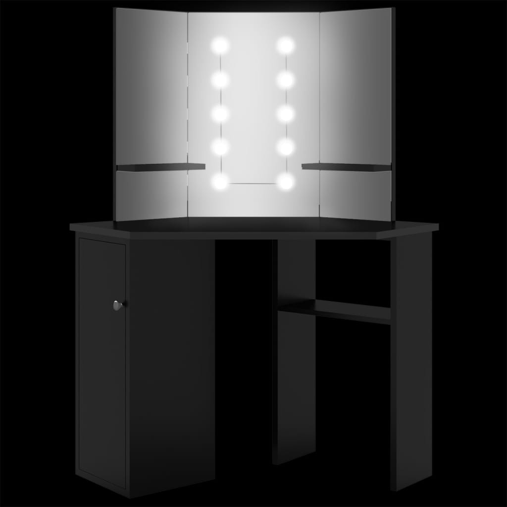 Masă de toaletă de colț, cu LED, negru, 111x54x141,5 cm - Lando