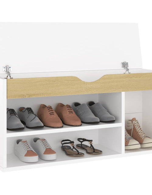 Загрузите изображение в средство просмотра галереи, Banchetă pantofar cu pernă, alb/stejar sonoma, 104x30x49 cm PAL Lando - Lando
