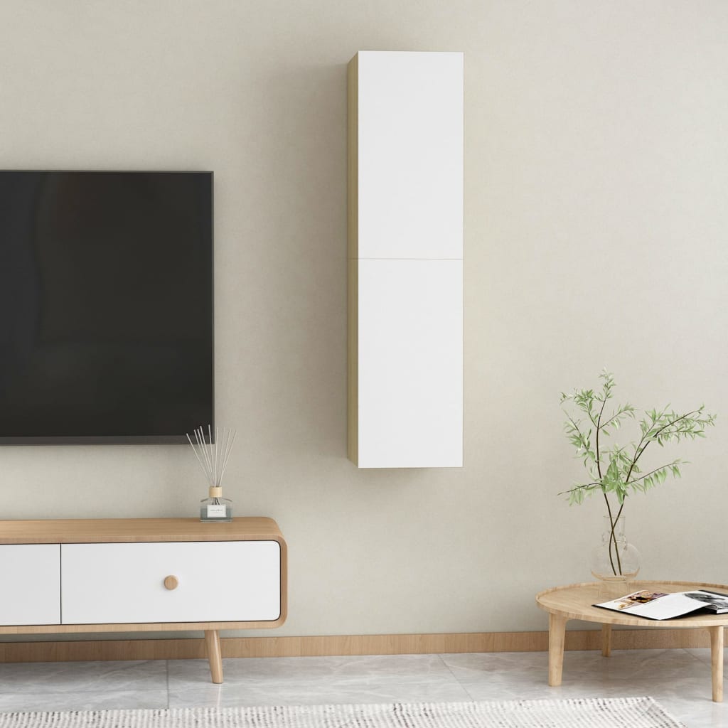 Comode TV, 2 buc., alb și stejar Sonoma, 30,5x30x60 cm, PAL - Lando