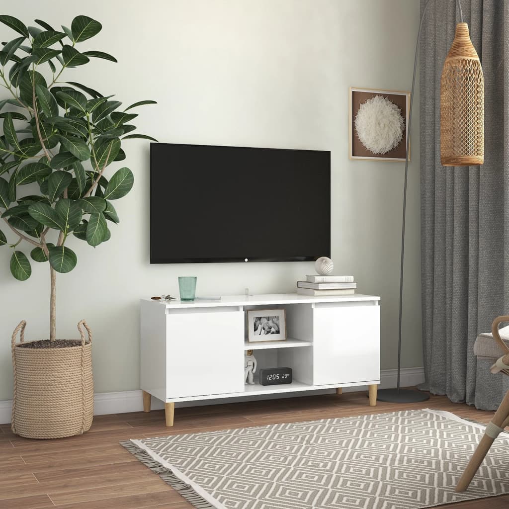 Comodă TV & picioare lemn masiv alb extralucios 103,5x35x50 cm - Lando