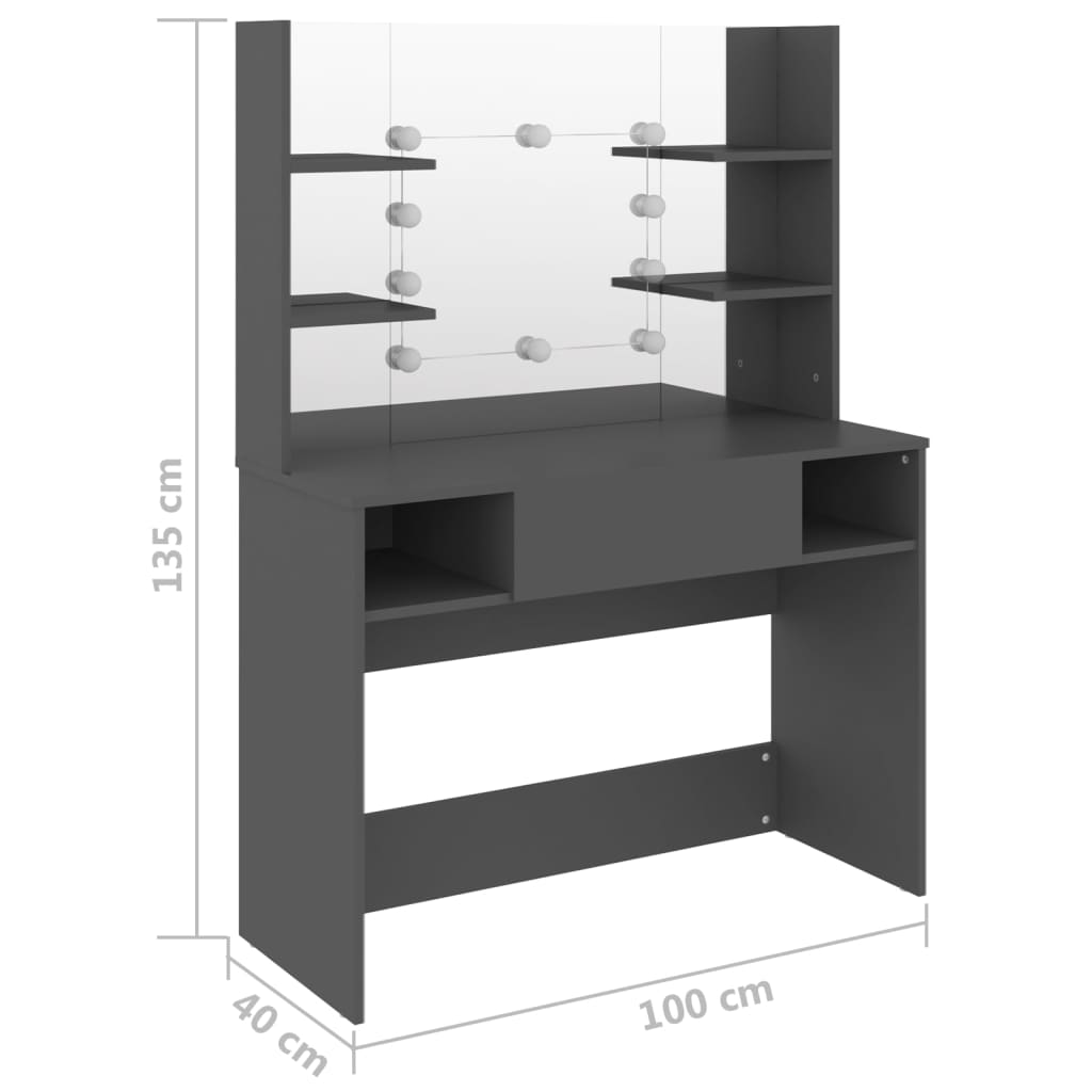 Masă machiaj cu lumini LED, gri, 100x40x135 cm , MDF - Lando