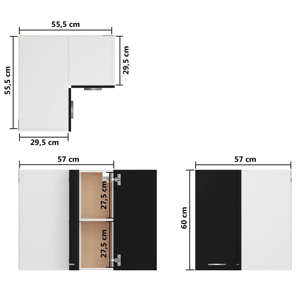 Dulap suspendat de colț, negru, 57x57x60 cm, PAL - Lando