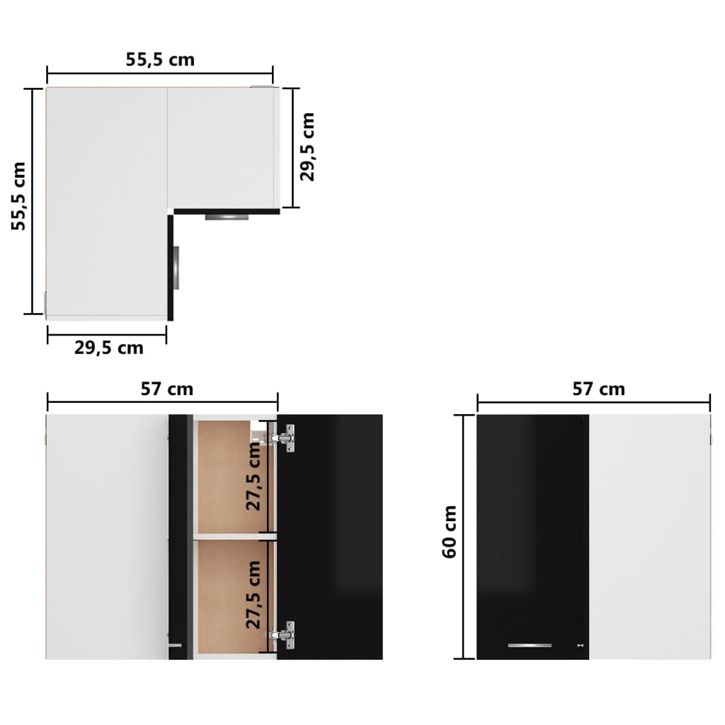 Dulap suspendat de colț, negru extralucios, 57x57x60 cm, PAL - Lando