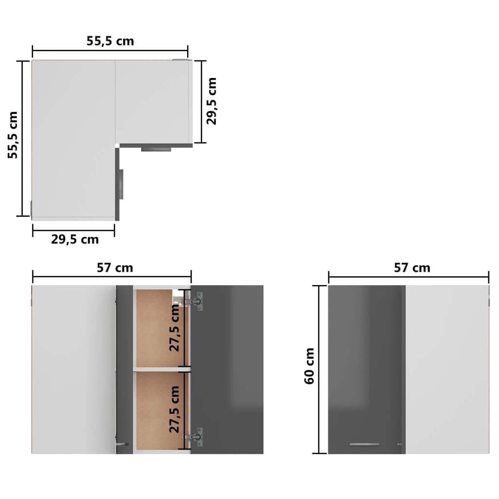 Dulap suspendat de colț, gri extralucios, 57x57x60 cm, PAL - Lando