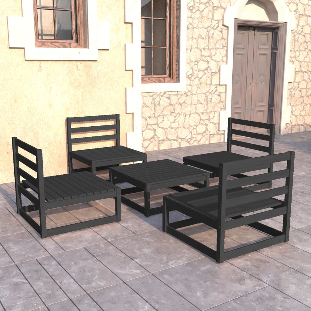 Set mobilier de grădină, 5 piese, negru, lemn masiv de pin - Lando