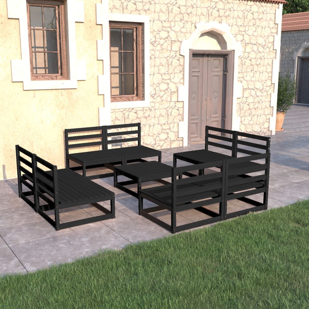 Set mobilier de grădină, 9 piese, negru, lemn masiv de pin - Lando
