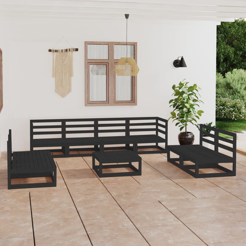 Set mobilier de grădină, 9 piese, negru, lemn masiv de pin - Lando