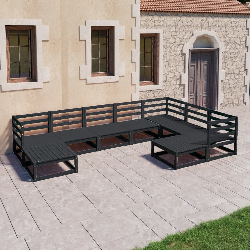 Set mobilier de grădină, 9 piese, negru, lemn masiv de pin - Lando