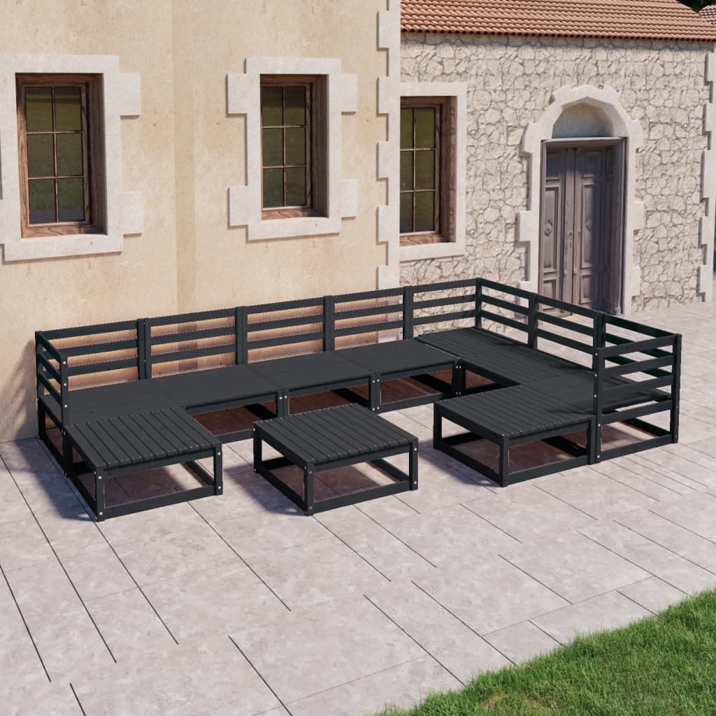 Set mobilier relaxare de grădină 10 piese negru lemn masiv pin - Lando