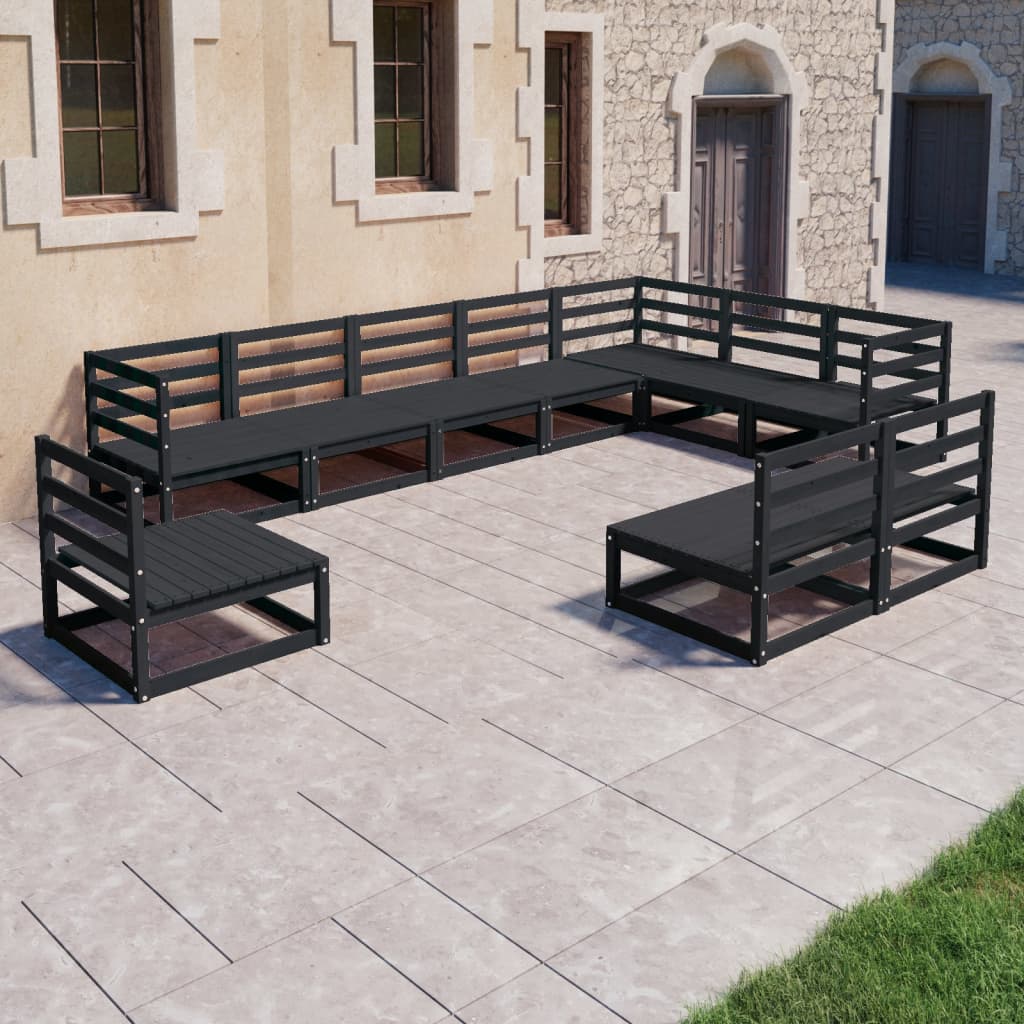 Set mobilier relaxare de grădină 10 piese negru lemn masiv pin - Lando