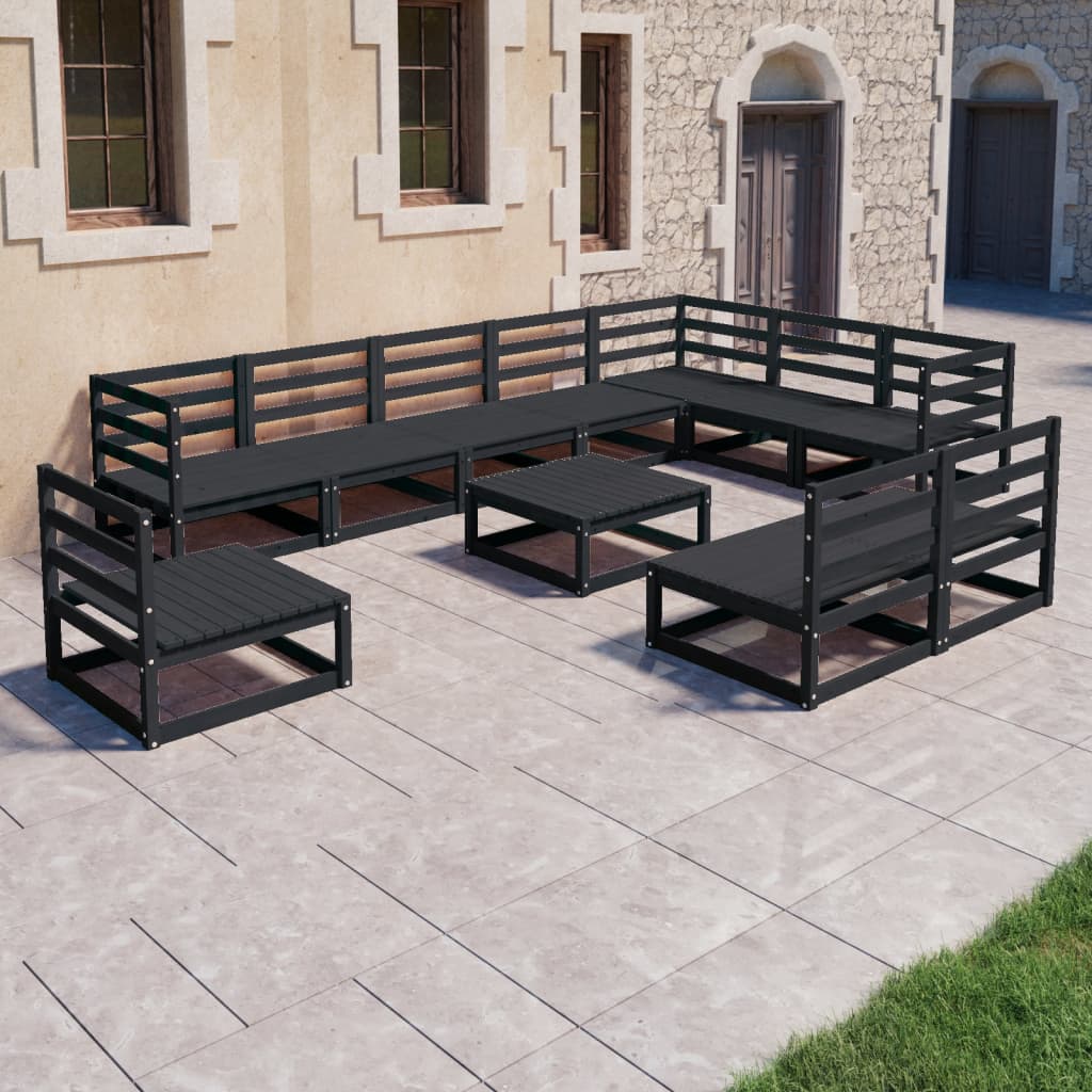 Set mobilier de grădină, 11 piese, negru lemn masiv pin - Lando
