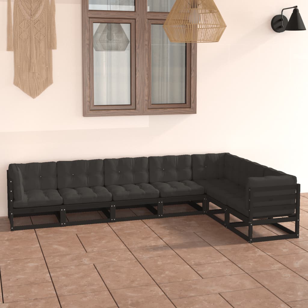 Set mobilier grădină cu perne, 7 piese, negru, lemn masiv pin - Lando