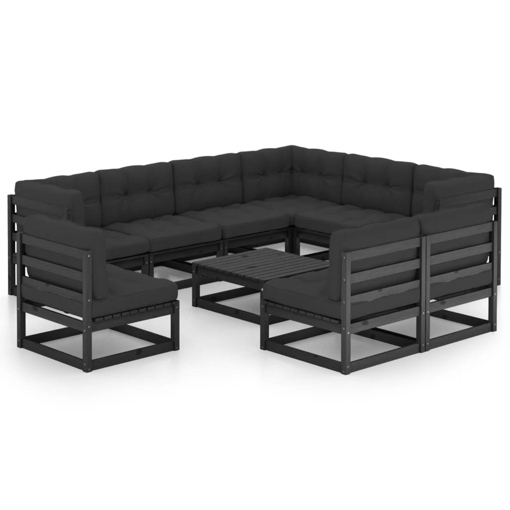 Set mobilier grădină cu perne, 10 piese, negru, lemn masiv pin - Lando