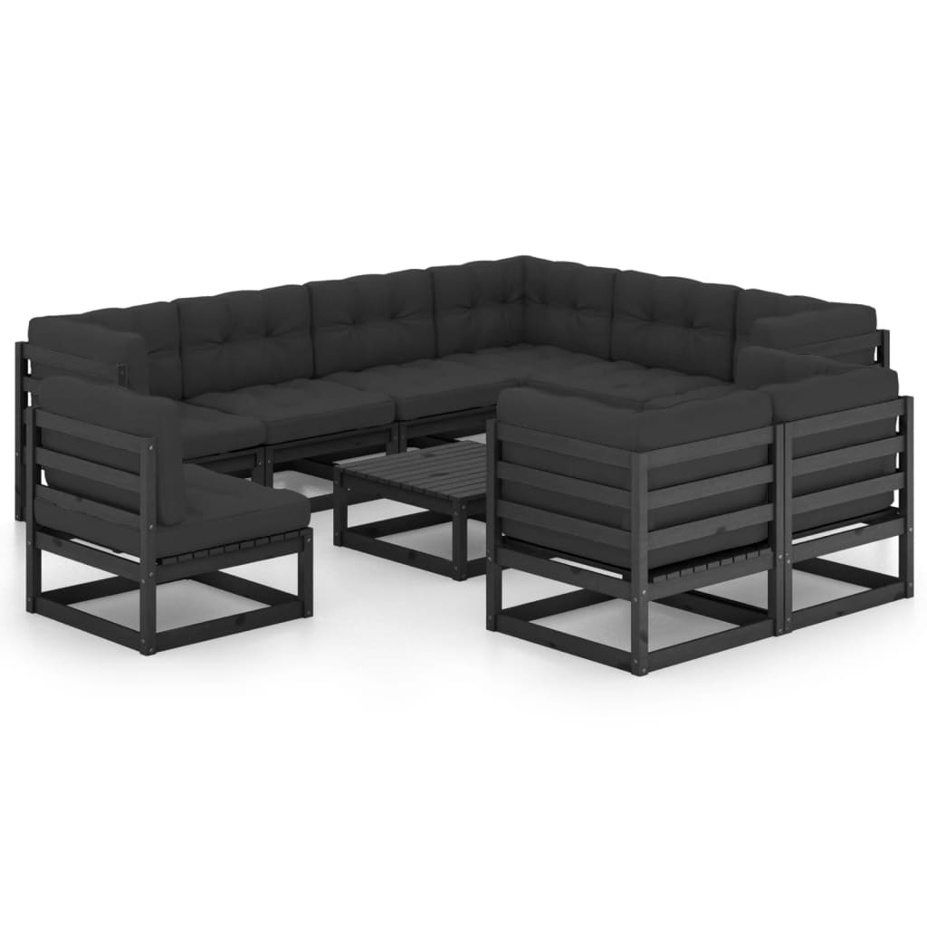 Set mobilier grădină cu perne, 10 piese, negru, lemn masiv pin - Lando