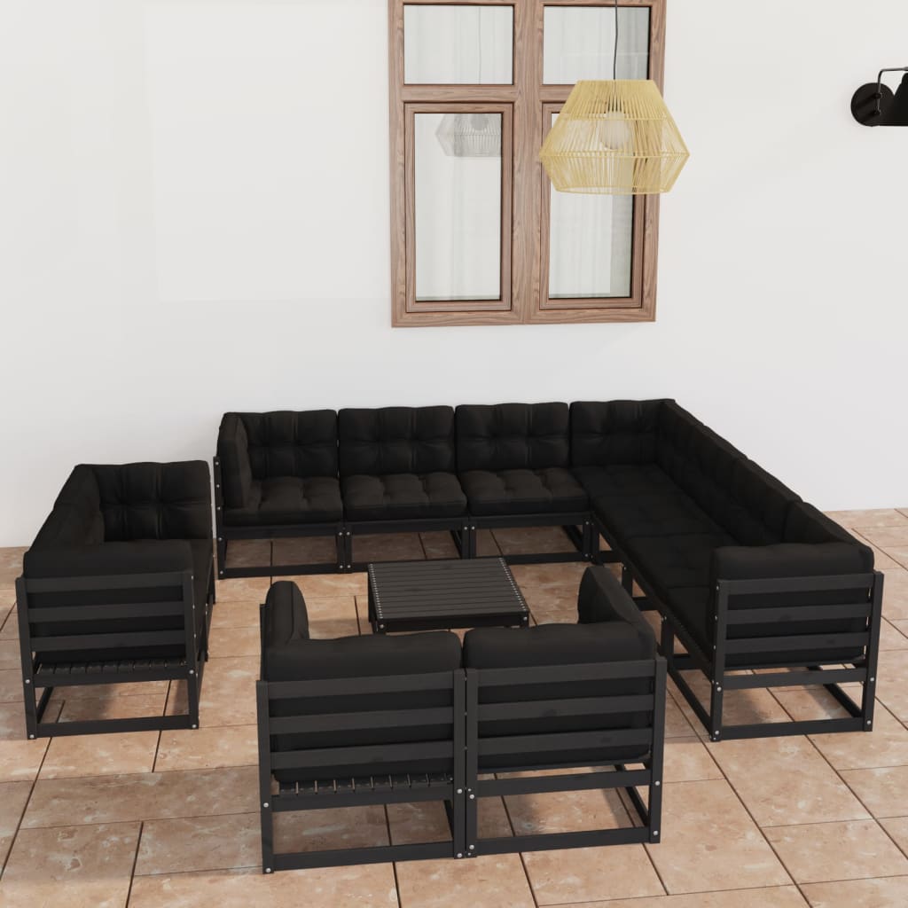 Set mobilier de grădină cu perne12 piese, negru, lemn masiv pin - Lando
