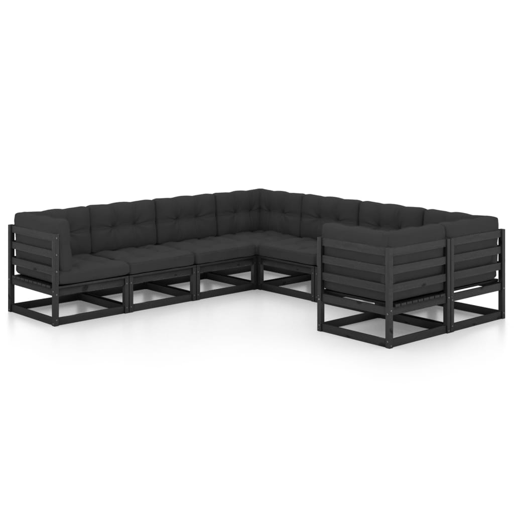 Set mobilier grădină cu perne, 8 piese, negru, lemn masiv pin - Lando