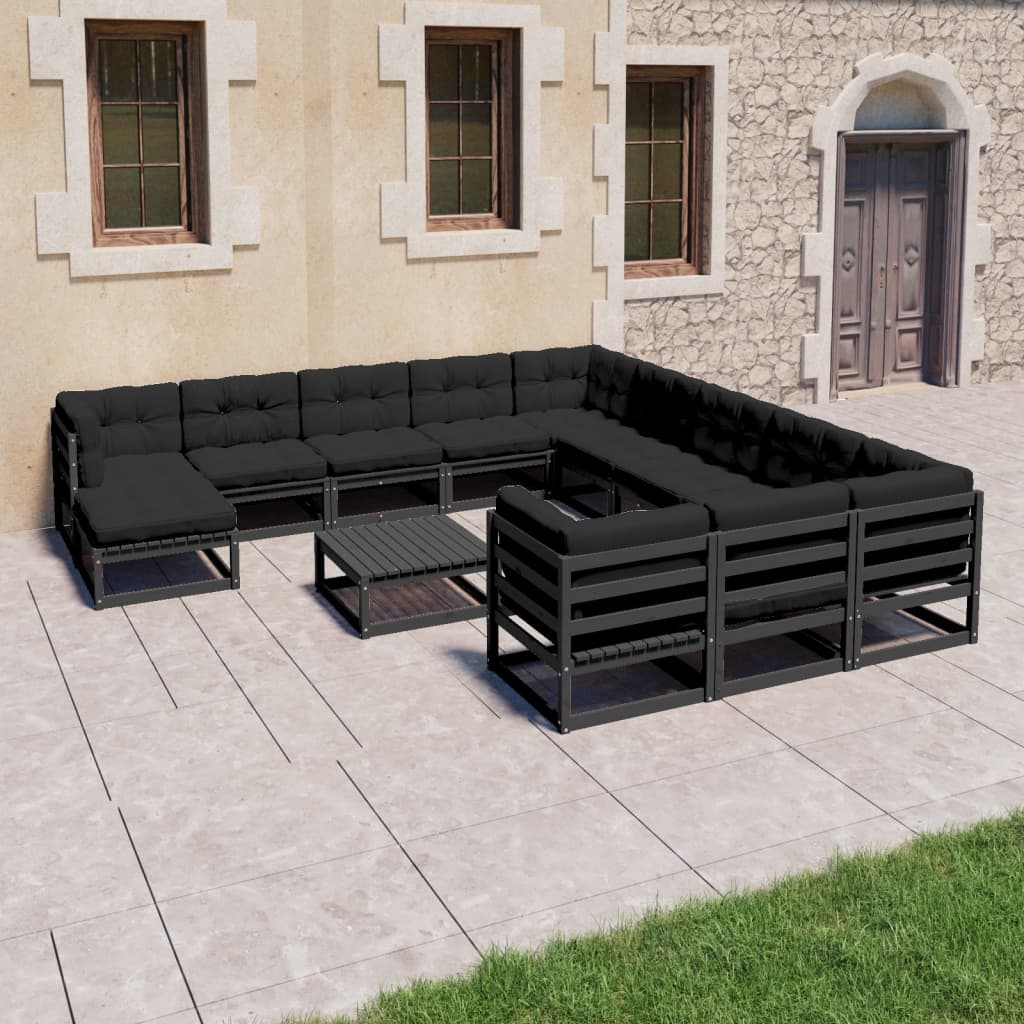 Set mobilier grădină perne, 13 piese, negru, lemn masiv pin - Lando