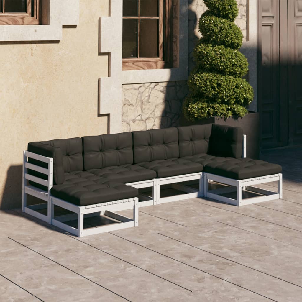 Set mobilier grădină cu perne, 6 piese, alb, lemn masiv de pin - Lando