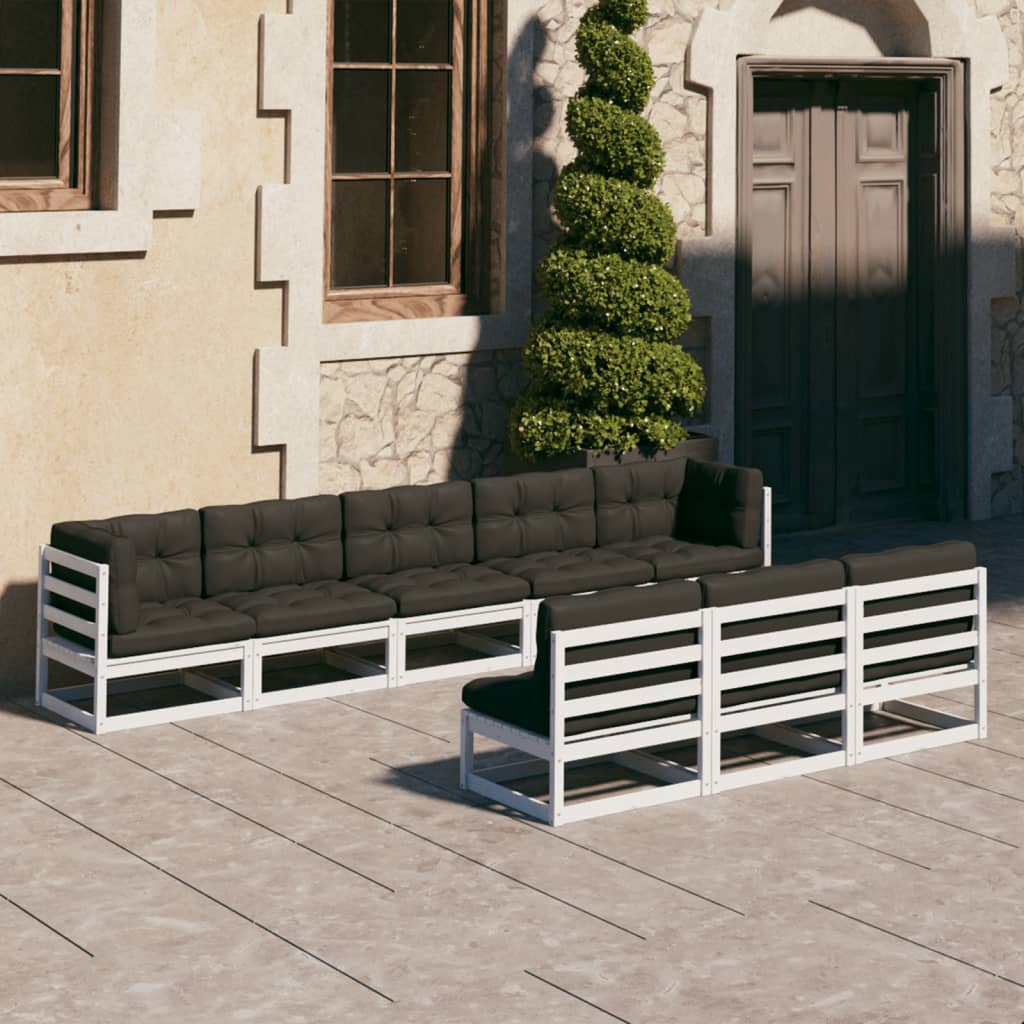 Set mobilier grădină cu perne, 8 piese, alb, lemn masiv de pin - Lando