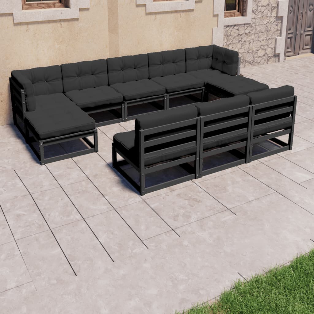 Set mobilier grădină cu perne, 8 piese, negru, lemn masiv pin - Lando