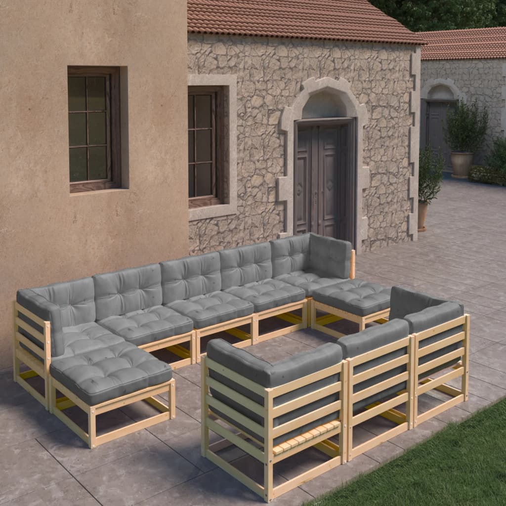 Set mobilier grădină cu perne, 10 piese, lemn masiv de pin - Lando
