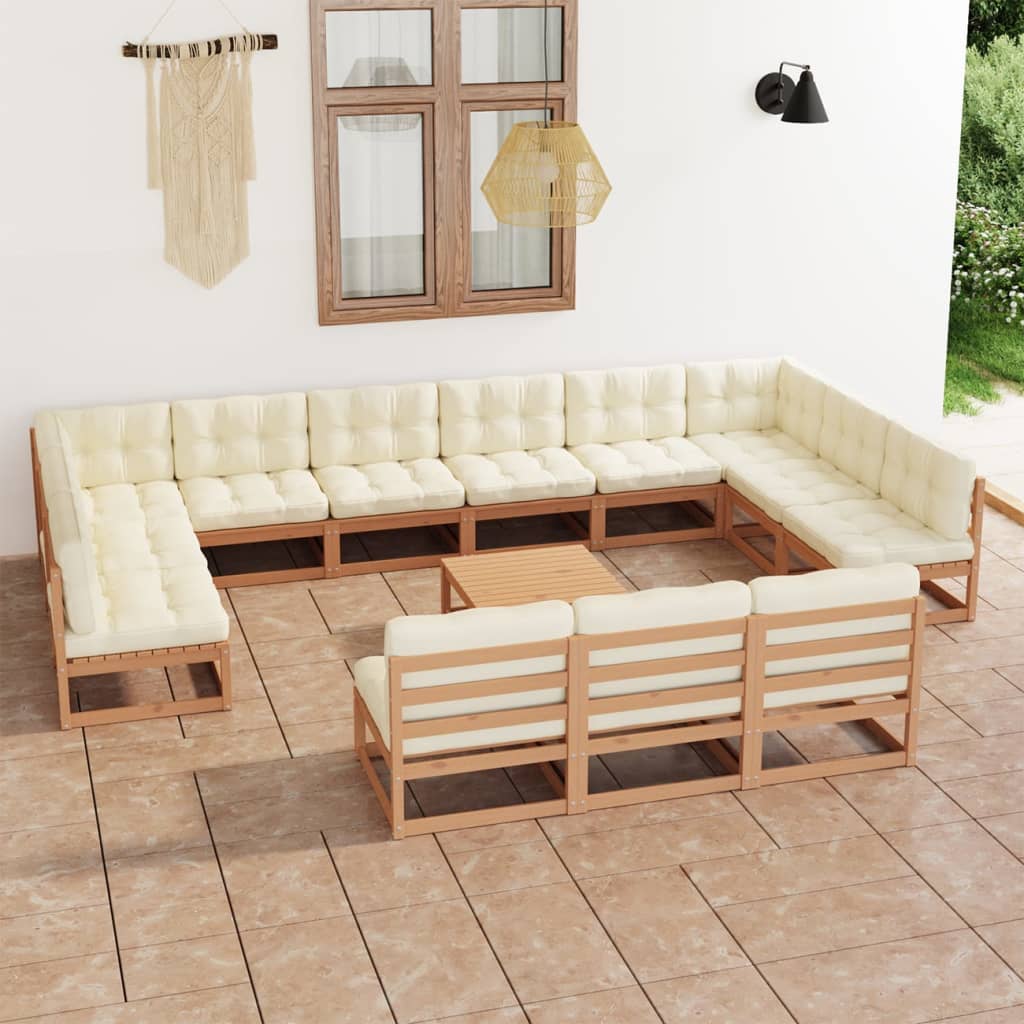 Set mobilier grădină cu perne, 14 piese, maro, lemn masiv pin - Lando