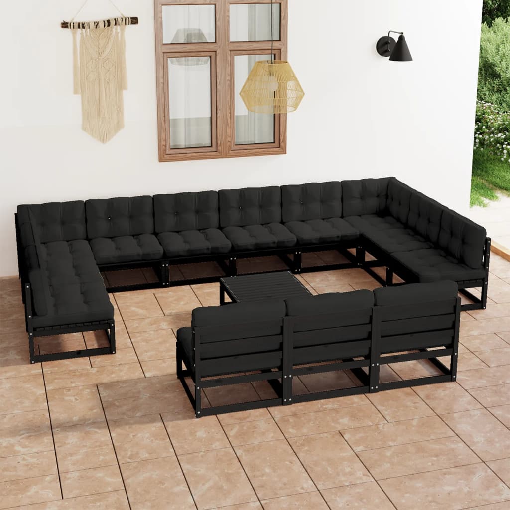 Set mobilier grădină cu perne, 14 piese, negru, lemn masiv pin - Lando