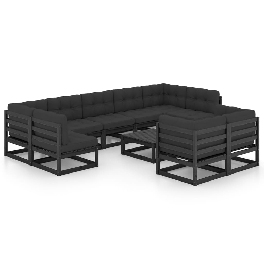 Set mobilier grădină cu perne, 10 piese, negru, lemn masiv pin - Lando