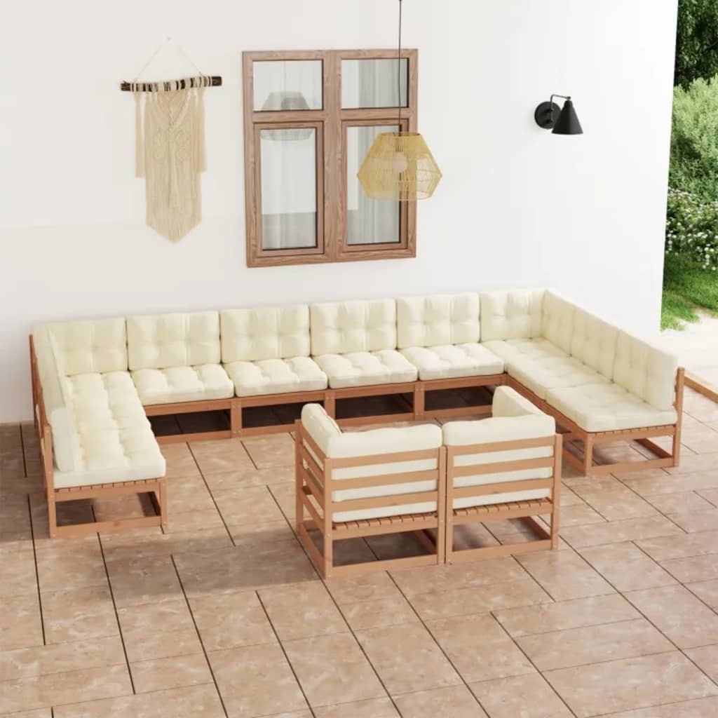 Set mobilier grădină cu perne, 12 piese, maro, lemn masiv pin - Lando