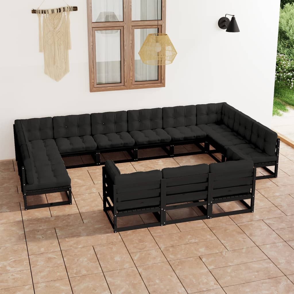 Set mobilier grădină perne, 13 piese, negru, lemn masiv pin - Lando