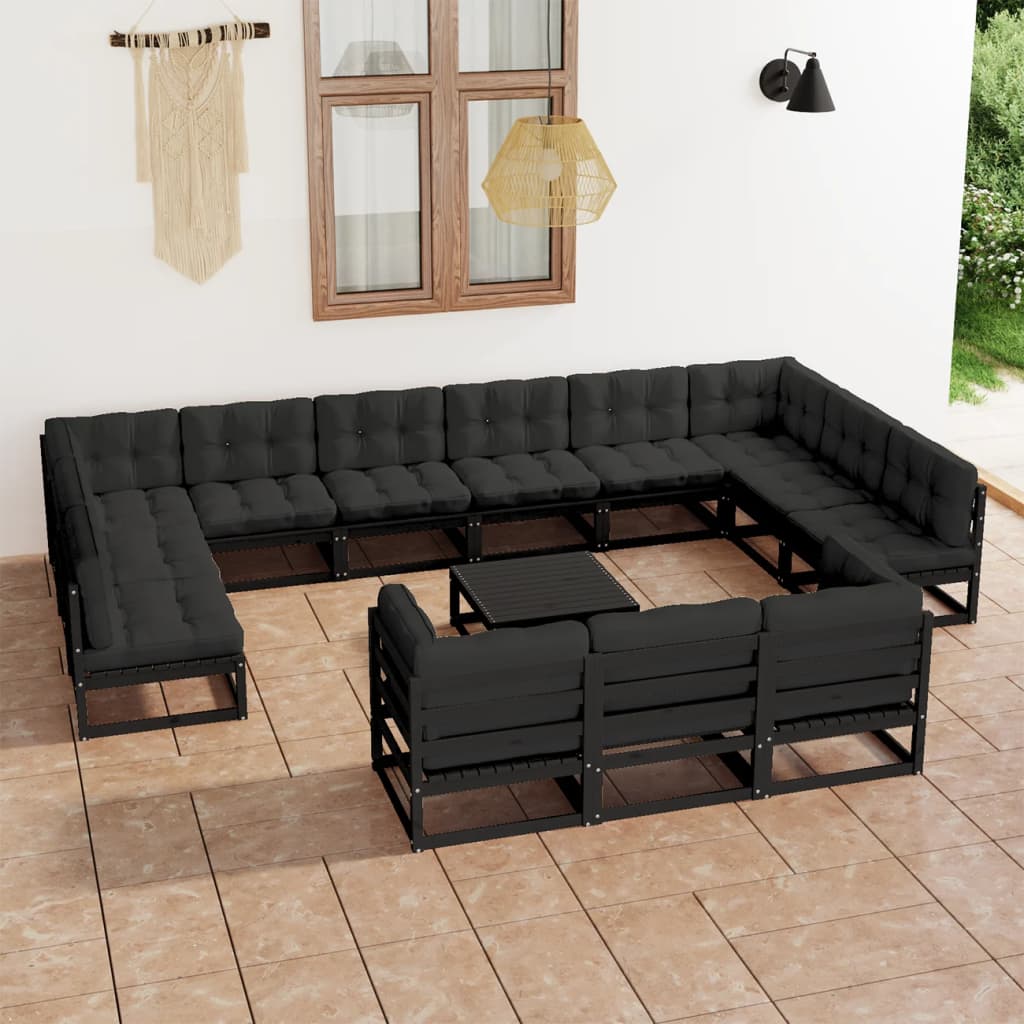 Set mobilier grădină cu perne, 14 piese, negru, lemn masiv pin - Lando