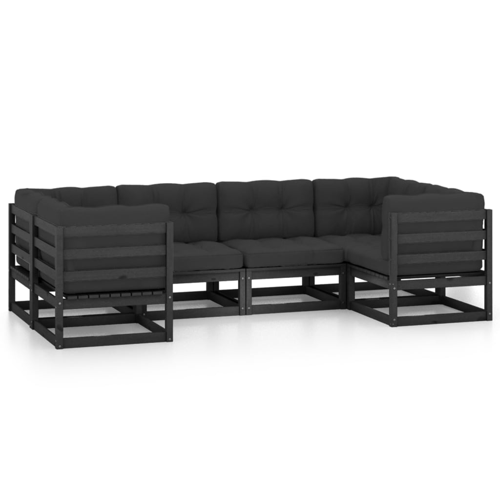 Set mobilier grădină cu perne, 6 piese, negru, lemn masiv pin - Lando