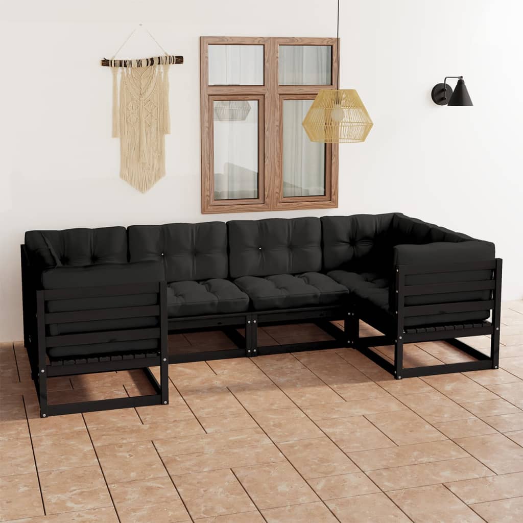 Set mobilier grădină cu perne, 6 piese, negru, lemn masiv pin - Lando