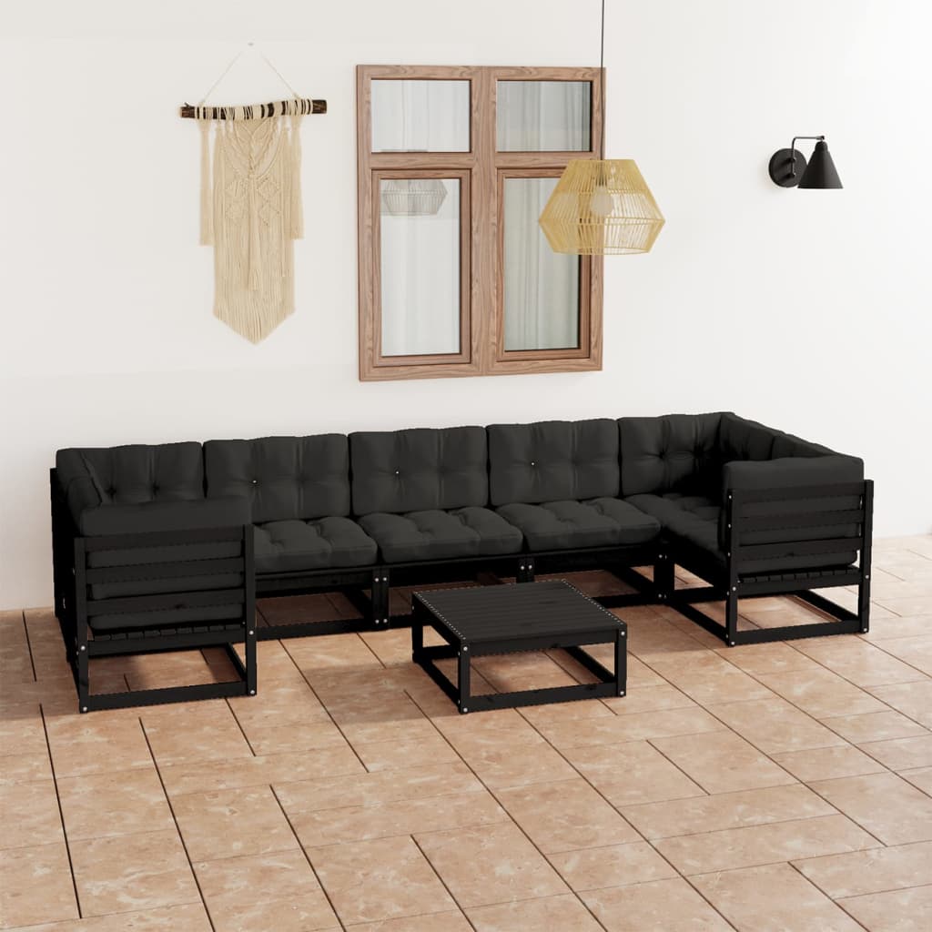 Set mobilier grădină cu perne, 8 piese, negru, lemn masiv pin - Lando